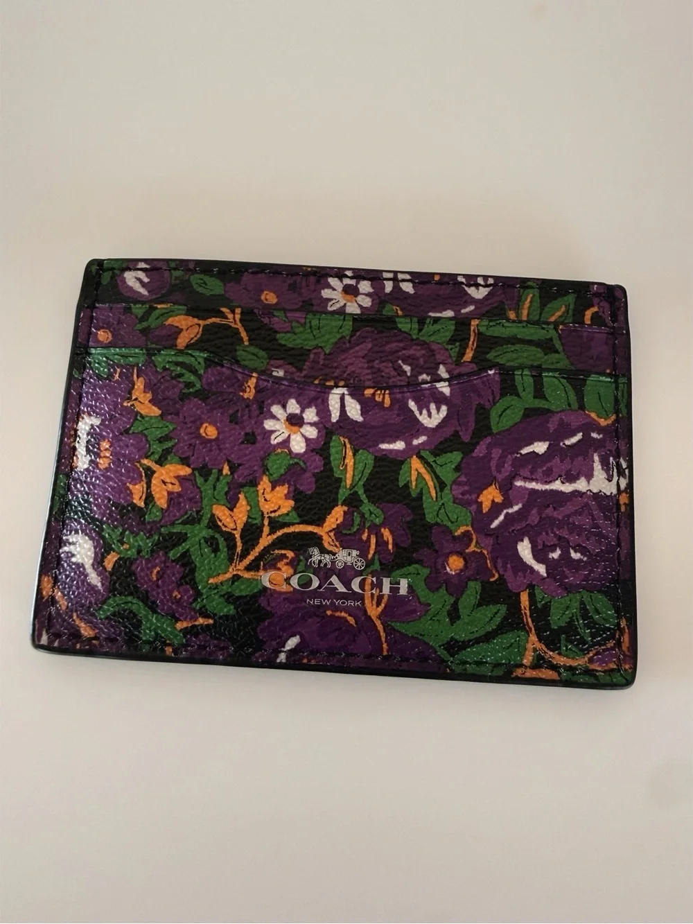NWT Coach Rose Meadow Floral Print Leather Card Case Purple